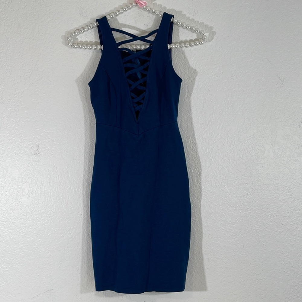 SOLEMIO LOS ANGELES Crisscross Dark Blue Party Bodycon Sexy Dress Size Small